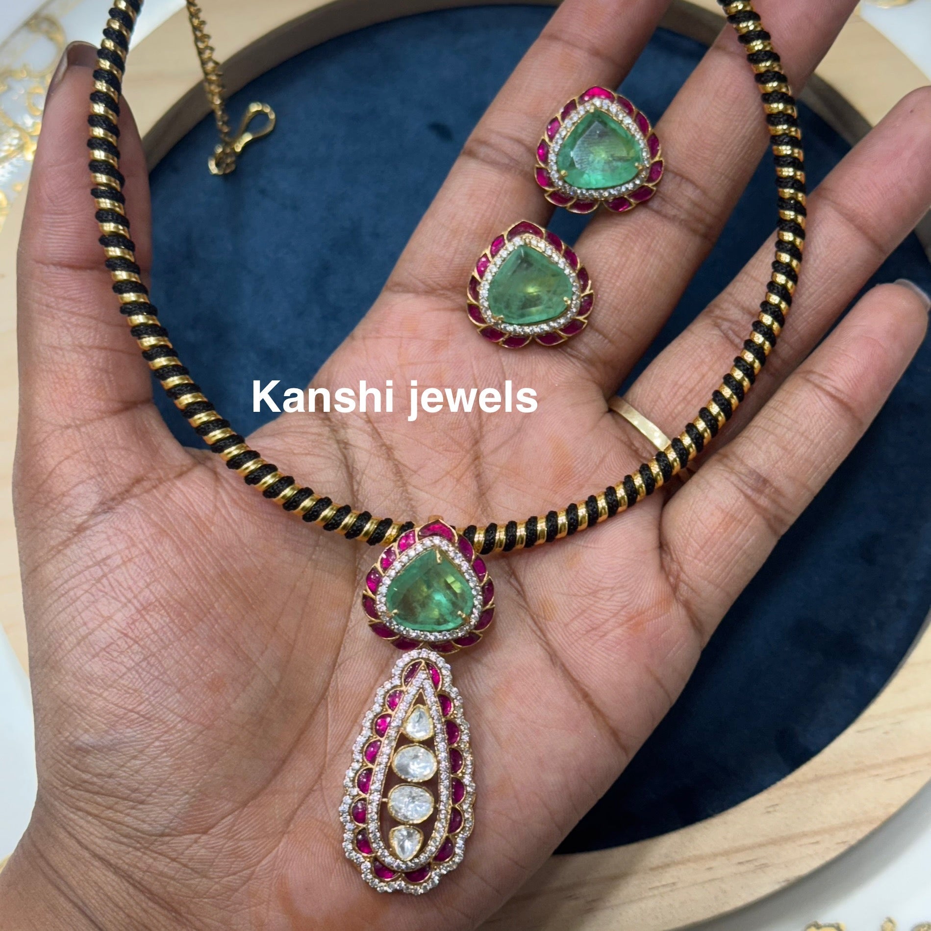 Silver Kundan mossanite fusion pendant studs set