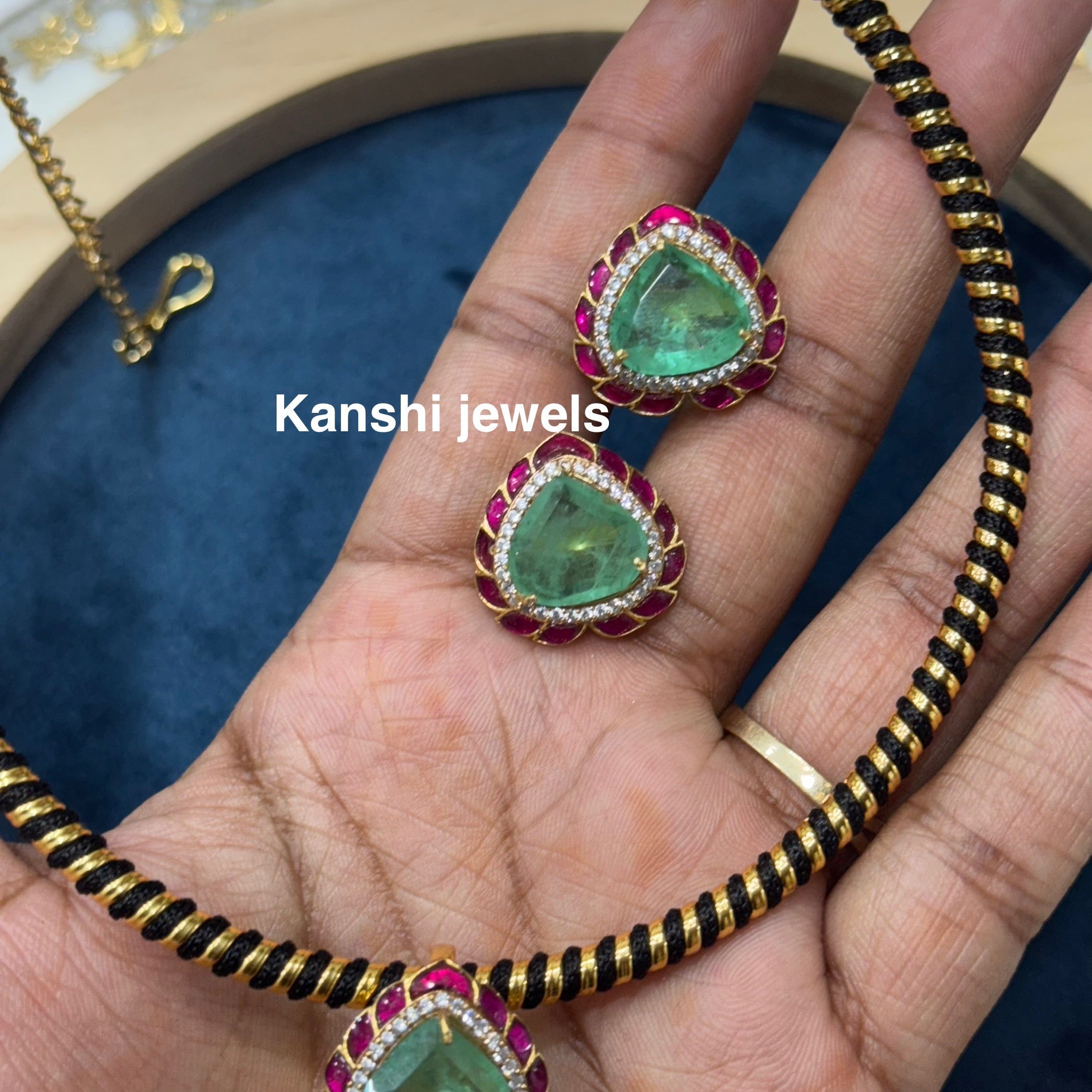 Silver Kundan mossanite fusion pendant studs set