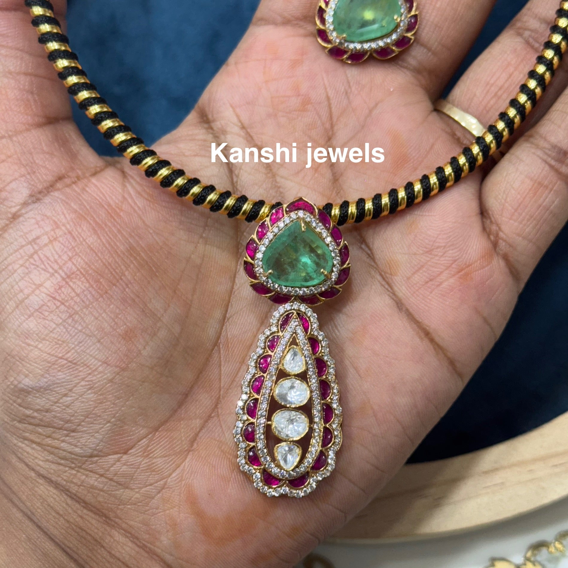 Silver Kundan mossanite fusion pendant studs set