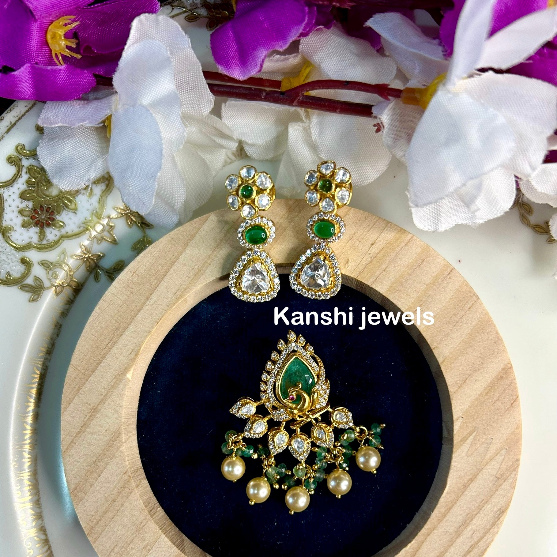 Silver moissanite pendant and earrings