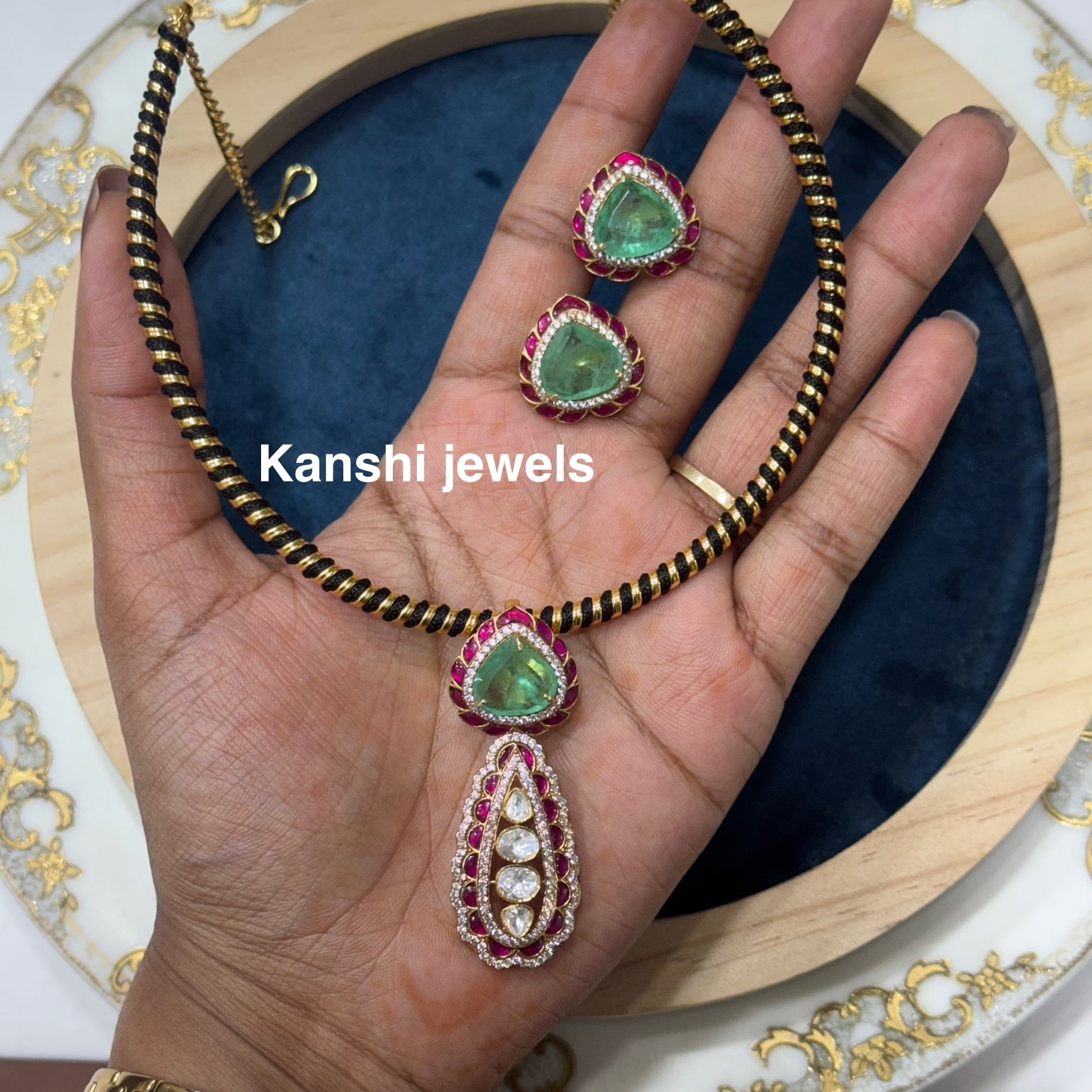 Silver Kundan mossanite fusion pendant studs set